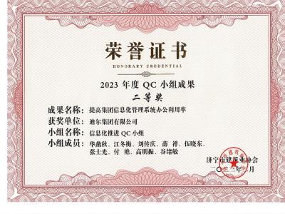 公司榮獲2023年榮獲市級QC成果提高集團信息化管理系統辦公利用率